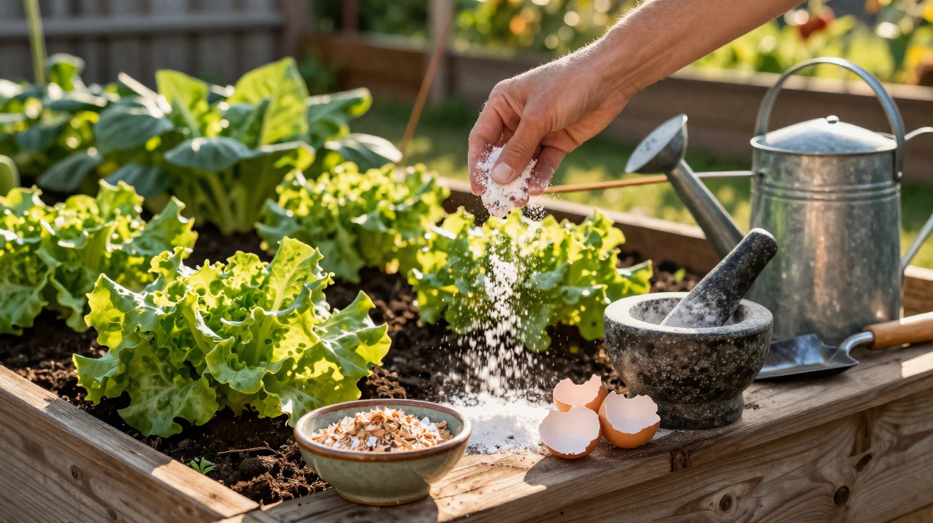 Hand sprinkling white granular fertiliser over soil with lettuce in a raised wooden garden bed.
