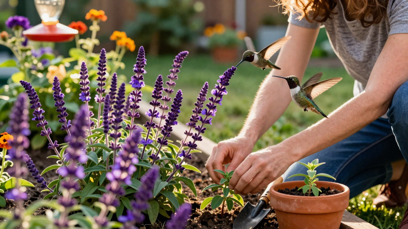 Person gardening with purple flowers and two hummingbirds hovering nearby in a sunny garden setting
