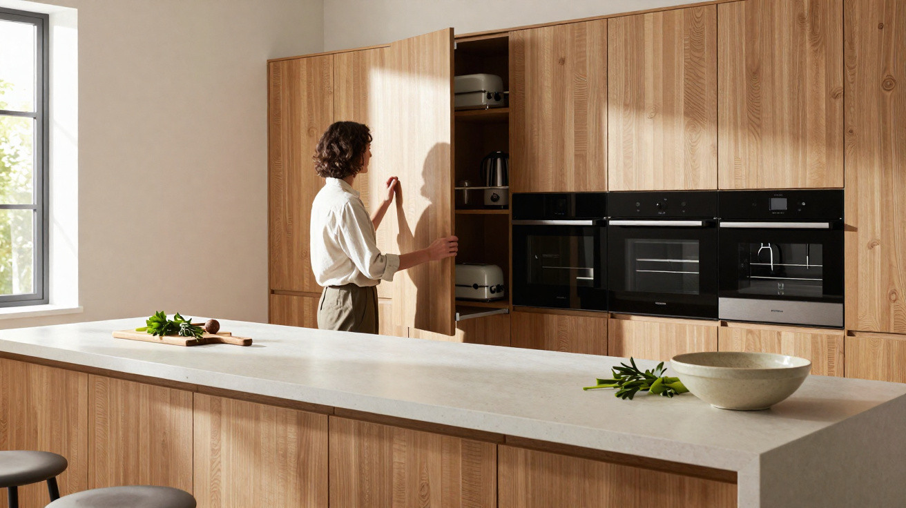 Person opening tall wooden kitchen cabinet in modern kitchen with light wooden cabinets and large island countertop