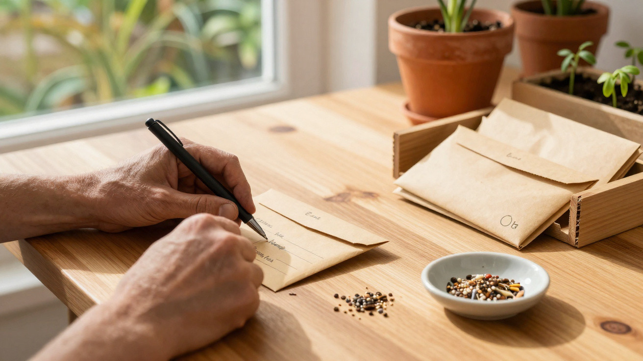 Person writing on a brown paper envelope at a wooden table with seed packets and potted plants nearby