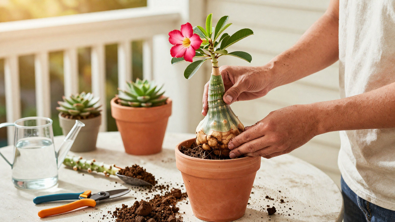 Person planting a pink desert rose in a terracotta pot on a table with gardening tools and succulents.