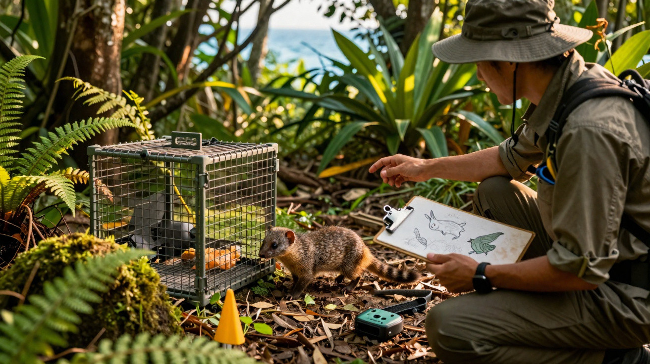 Researcher observing a small mammal near a cage in a leafy outdoor environment with a clipboard and equipment.