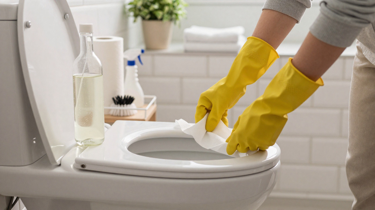 Person wearing yellow gloves cleaning a white toilet seat with a wipe in a bright bathroom