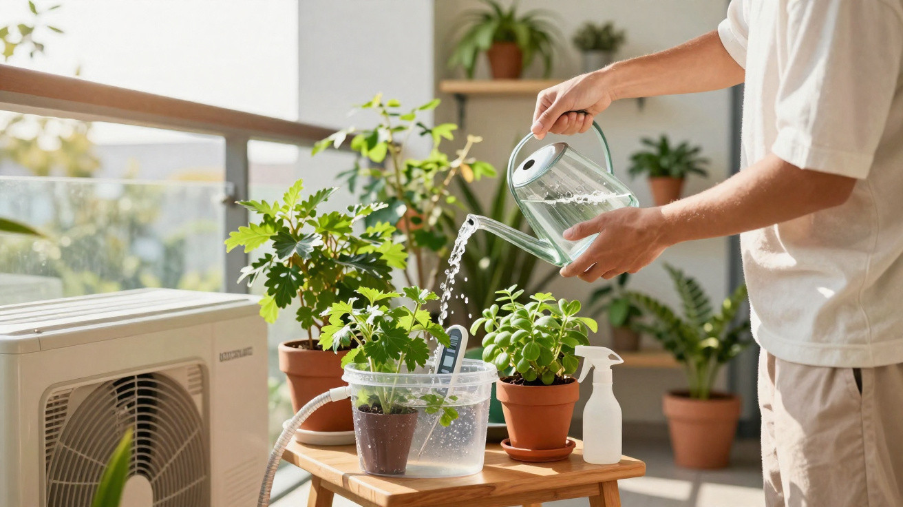 Person watering potted plants on a sunlit balcony with gardening tools and an air conditioning unit nearby.