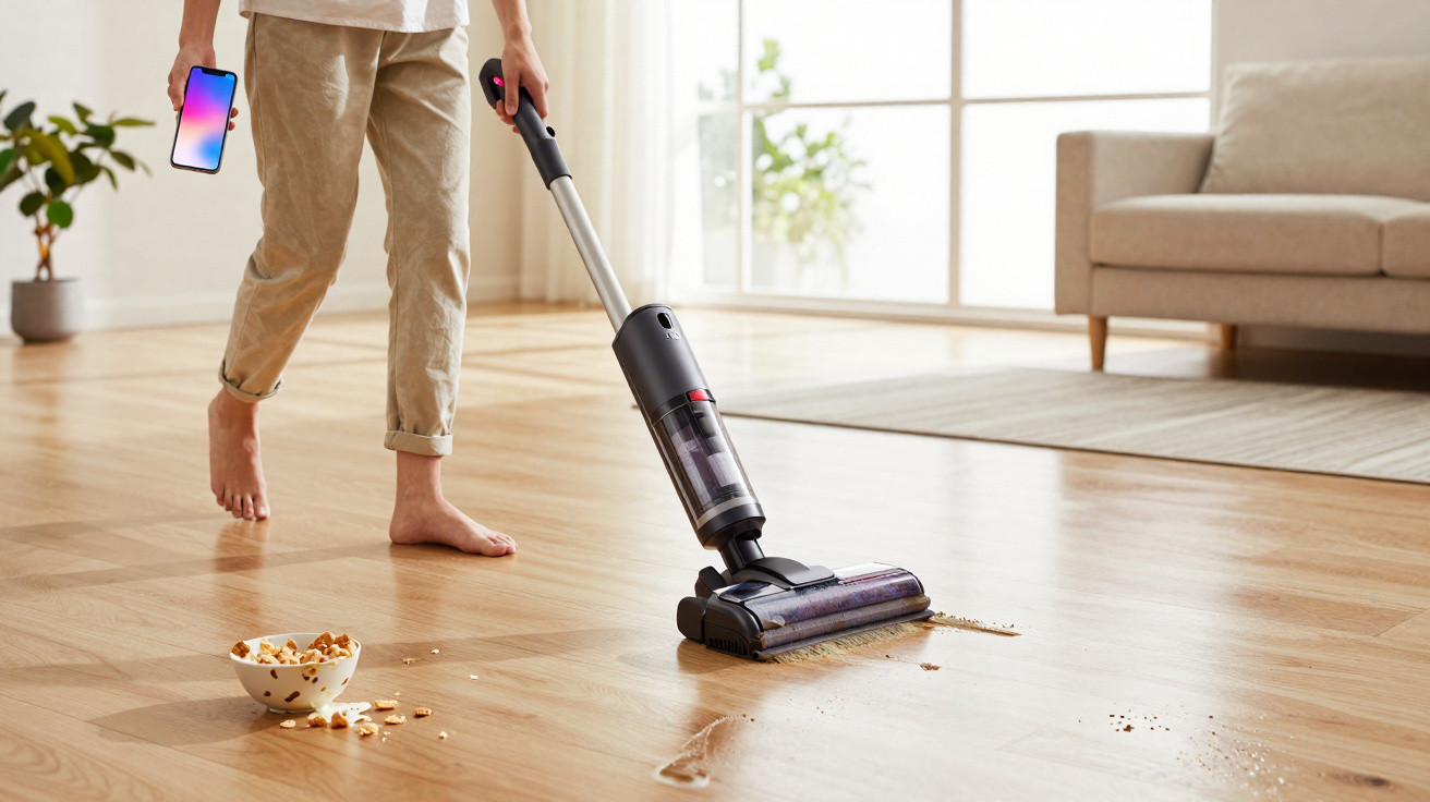 Person vacuuming wooden floor with cordless vacuum cleaner near spilled cereal and holding smartphone.