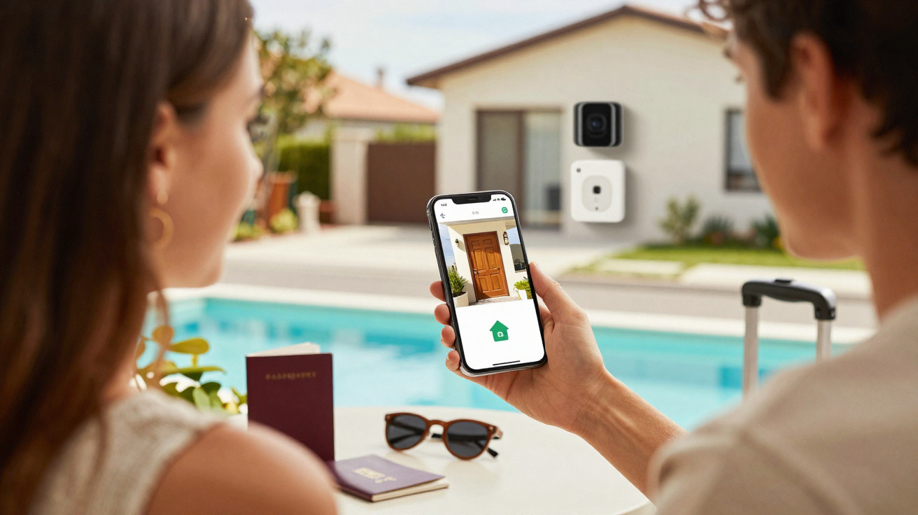Couple checking a smart security camera feed of a house door on a smartphone by a poolside table with passports and sunglasse
