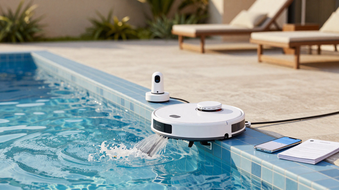 White robot vacuum cleaner emptying dirty water into a swimming pool beside a smartphone and camera.