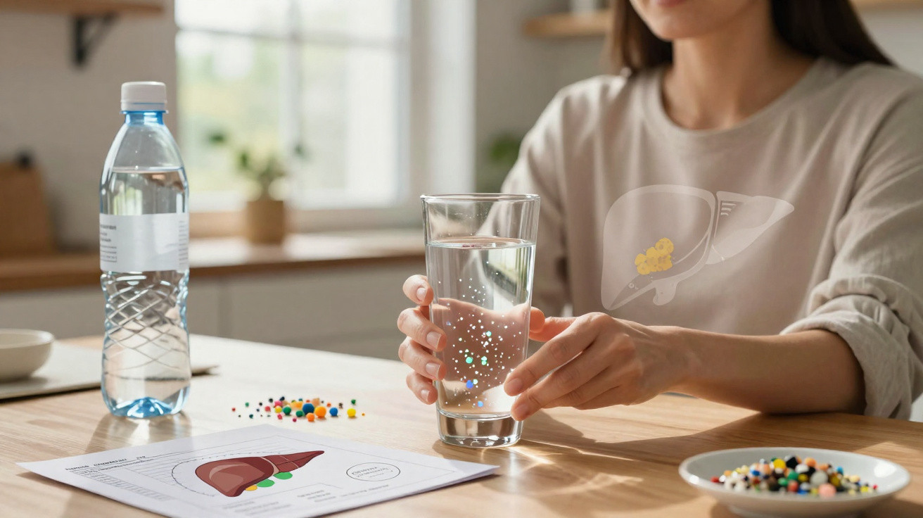 Person holding a glass of water with a liver health diagram and pills on a wooden table in a bright room.
