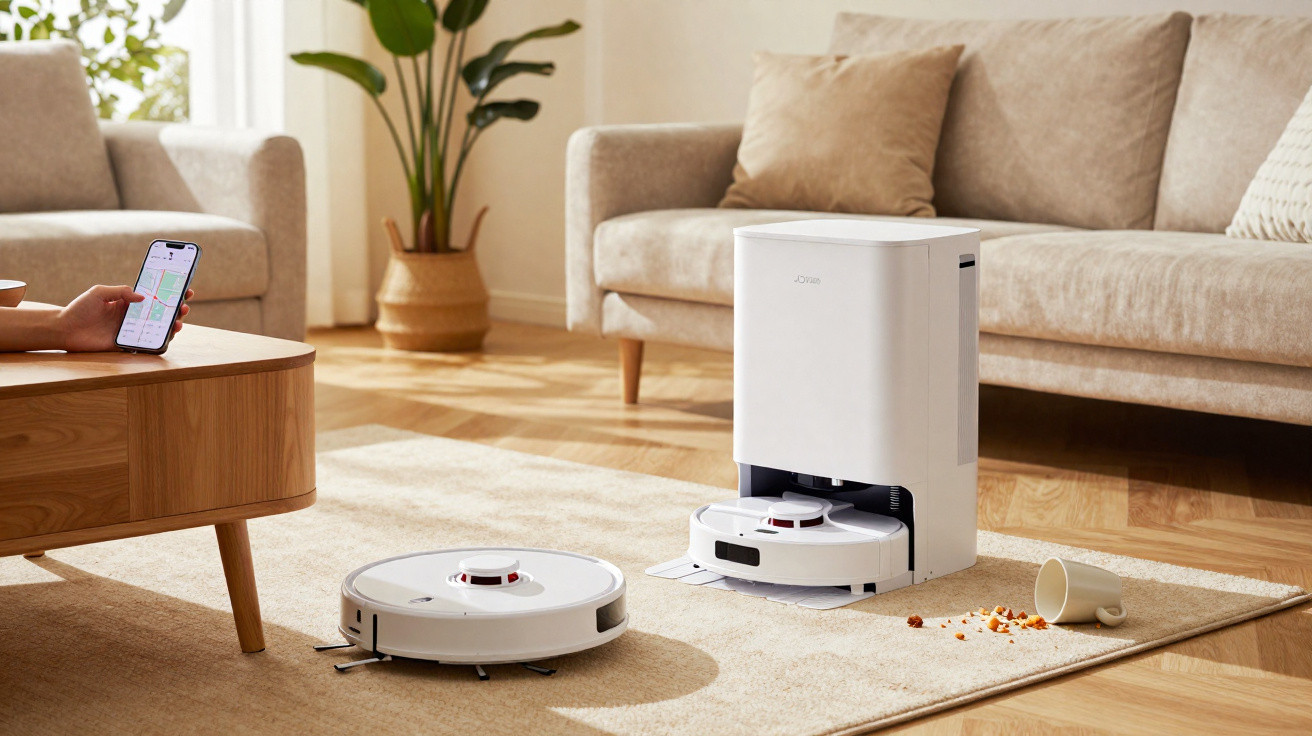 Robot vacuum cleaners in a living room cleaning spilled crumbs near a sofa and coffee table.