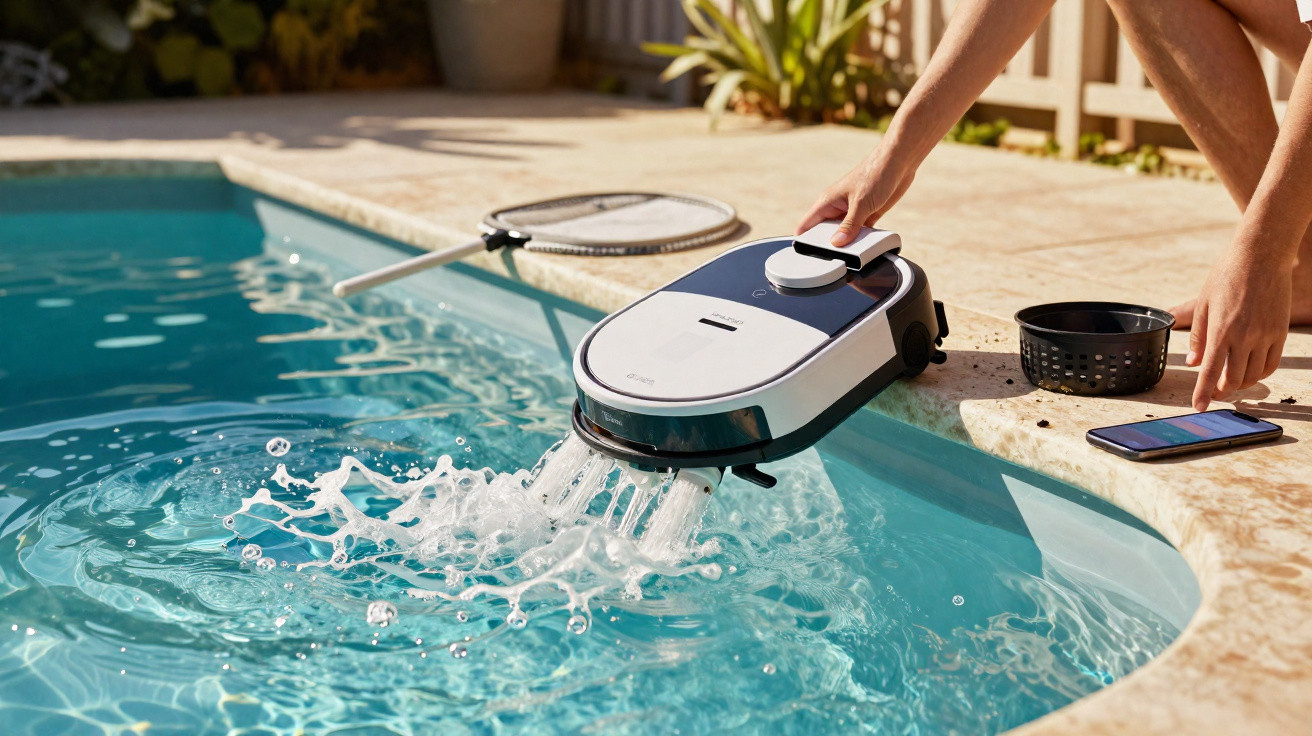 Robotic pool cleaner being placed into a swimming pool with water splashing and a smartphone nearby.