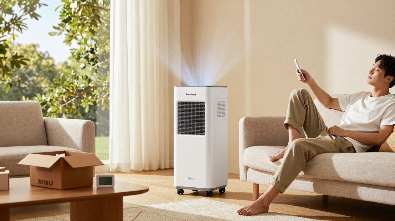 Man relaxing on sofa using remote to control a portable air cooler in a bright living room.