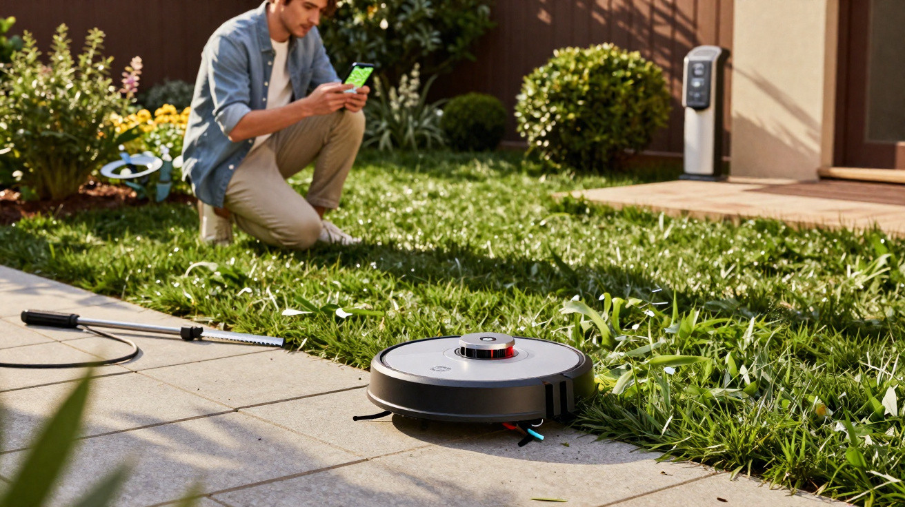 Man using smartphone to control a robotic lawn mower on grass beside a patio in a garden.