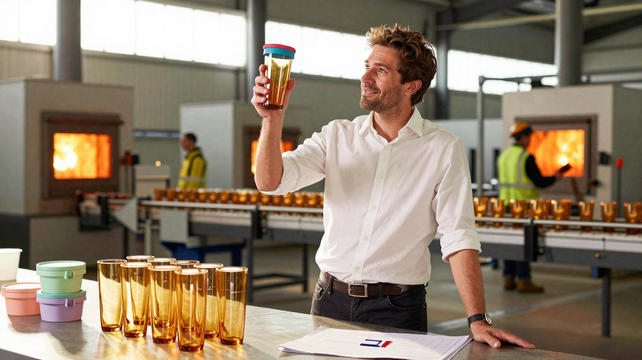 Man inspecting a tall amber glass with lid in a glass manufacturing factory.