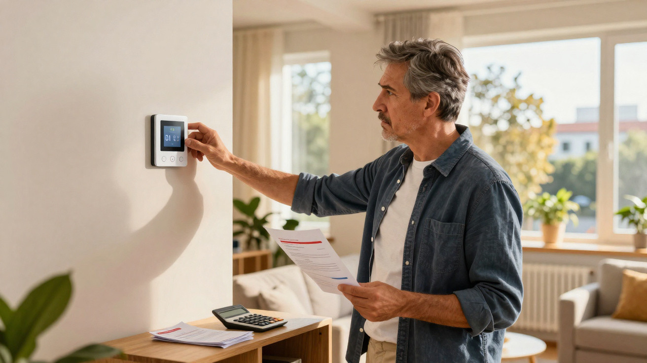 Middle-aged man adjusting a wall thermostat in a bright living room while holding a bill and calculator.