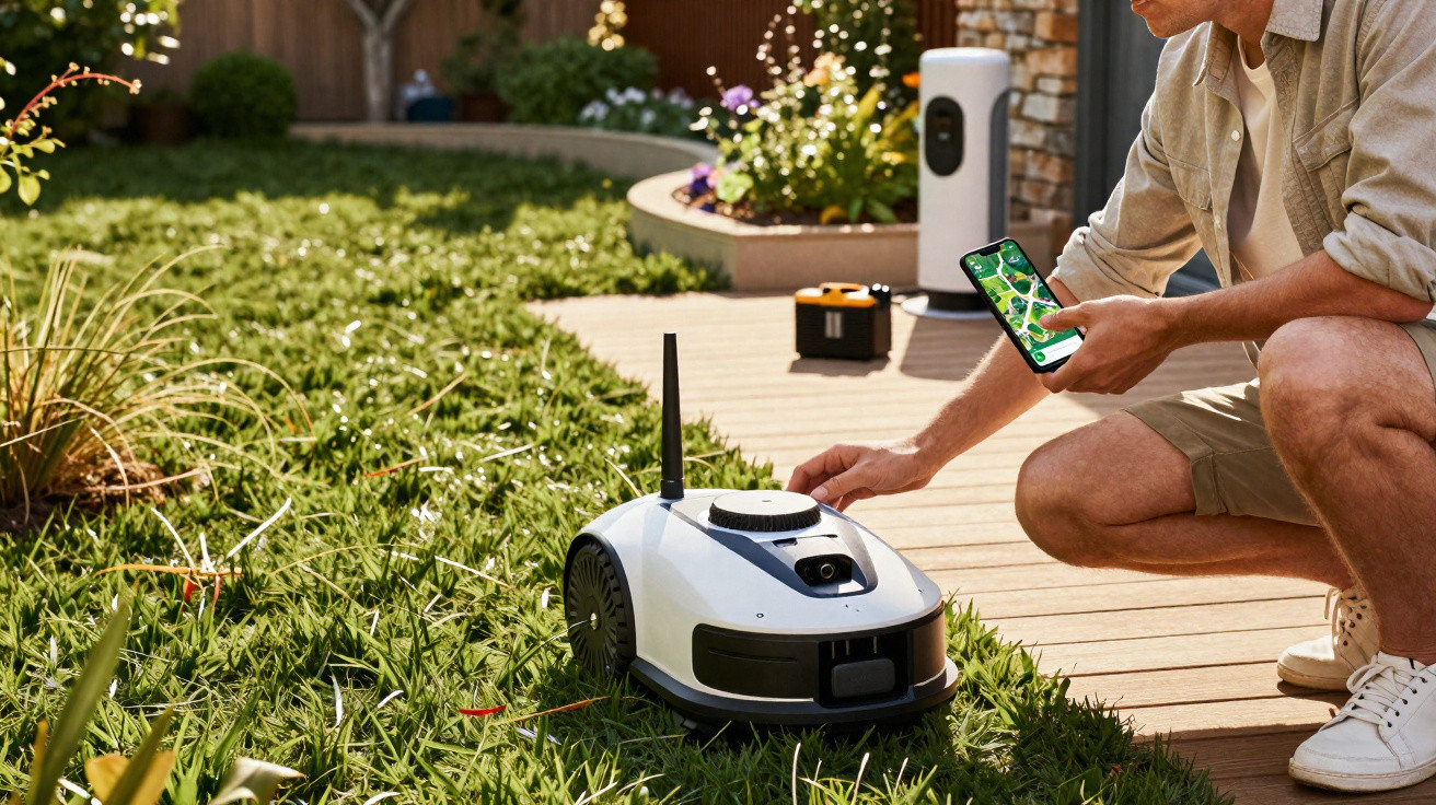 Person using a smartphone to control a robotic lawn mower on a garden lawn next to a wooden deck.