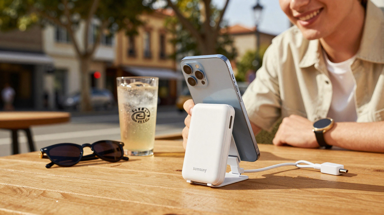 Person using a phone on a Samsung wireless charger stand on a wooden table outside with sunglasses and a drink nearby.