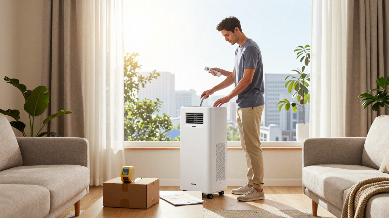 Man adjusting a portable air conditioner in a bright living room with cityscape view and indoor plants.