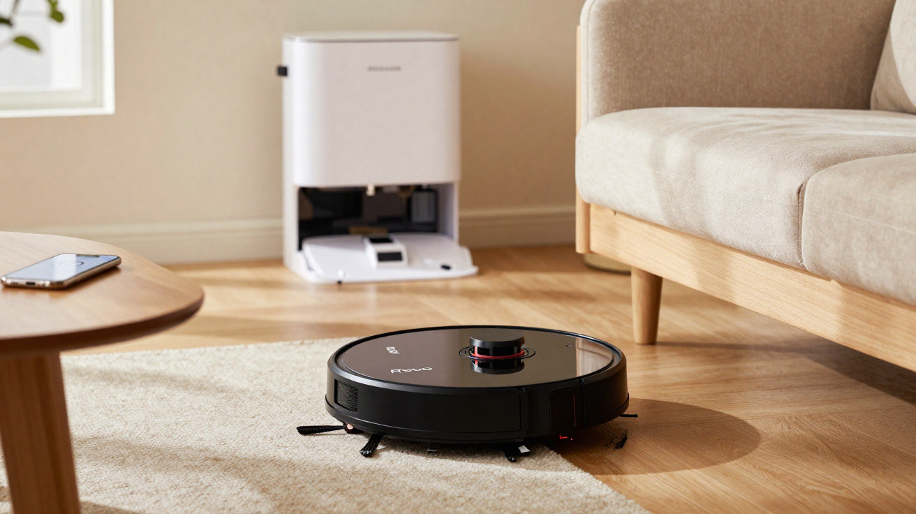 Black robotic vacuum cleaner on living room floor near beige sofa and charging station.